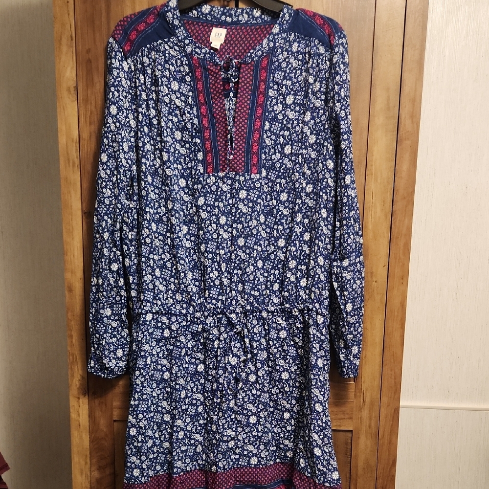 GAP Blue, Pink, White Floral Boho Midi Long Paisley Sleeve Dress